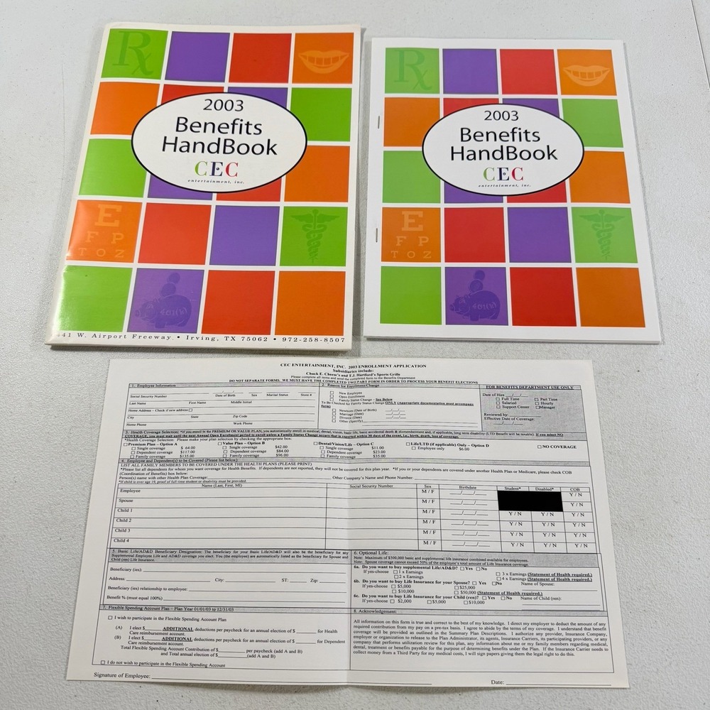 Chuck E. Cheese 2003 Benefits Handbook & Enrollment Application In Folder RARE